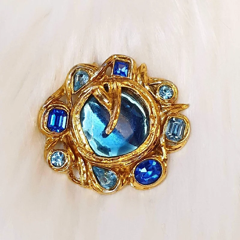 Vintage Rhinestone Brooch-YSL brooch Vintage Blue Glass Gold Pendant Large