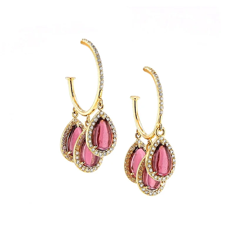 Multi-colored Drop Earrings-14K Pink Tourmaline Diamond 3 Teardrop Hoop Earrings  EG000212