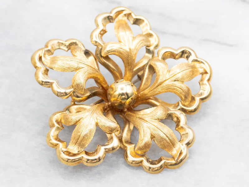 Gold Crystal Brooch Pin-Italian 18-Karat God Floral Brooch