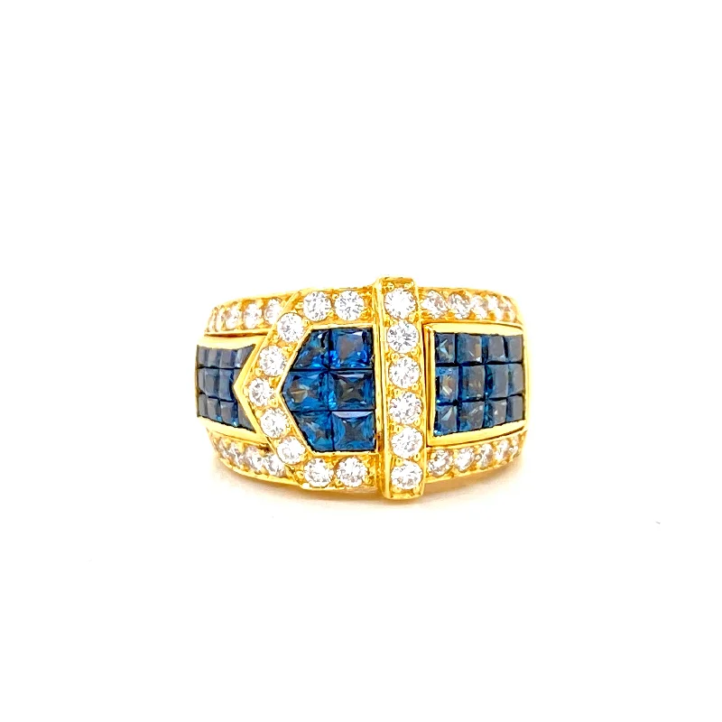 Men's Silver Rings-18K Yellow Gold Diamond + Sapphire Ring