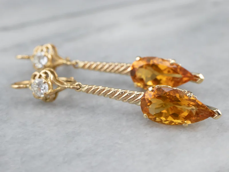 Elegant Gold Earrings-Gold Citrine and Diamond Drop Earrings