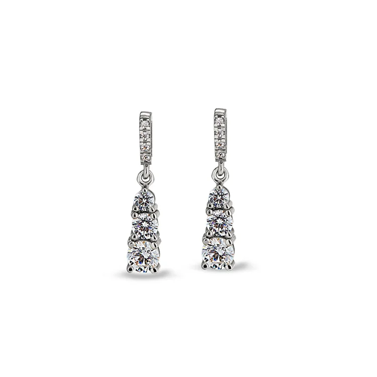 Chunky Silver Earrings-Platinum Finish Sterling Silver Micropave 3 Stone Drop Earrings with Simulated Diamonds