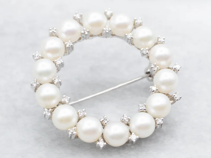 Fine Pearl Brooch-White Gold Saltwater Pearls and Diamond Circle Brooch