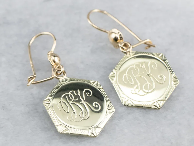 Rose Gold Drop Earrings-Monogram "BK" Gold Drop Earrings