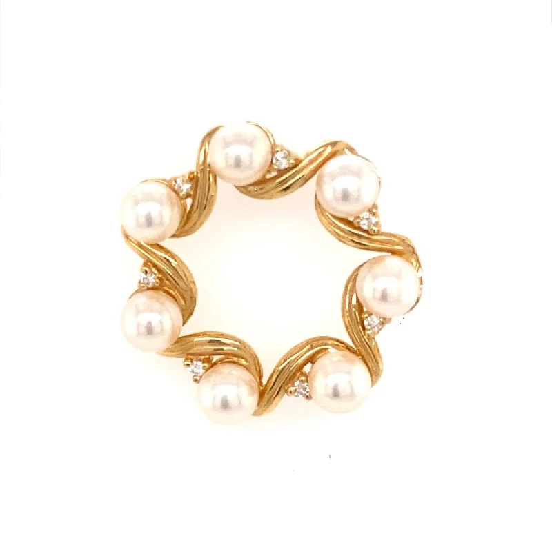 Retro Crystal Brooch-Estate Pearl Ribbon Brooch in Yellow Gold