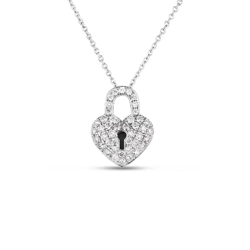 Boho Pendant Necklaces-18K White Gold Diamond Heart Lock Necklace