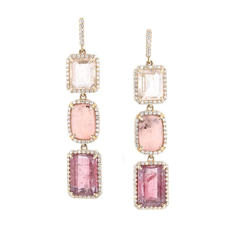 Pink Earrings-14k Rutilated Quartz, Watermelon Garnet and Pink Tourmaline Triple Drop Earrings  SEG00028