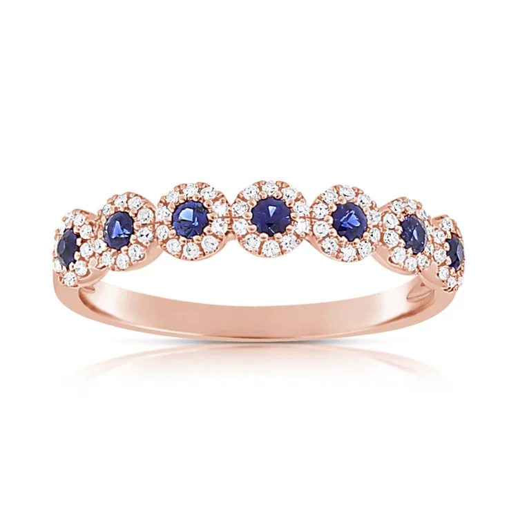 Custom Sapphire Rings-14K Rose Gold Diamond Halo + Sapphire Band