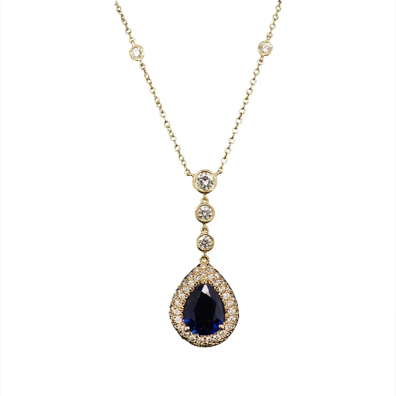 Chunky Necklaces-Blue Sapphire and Diamond Halo Pendant Necklace