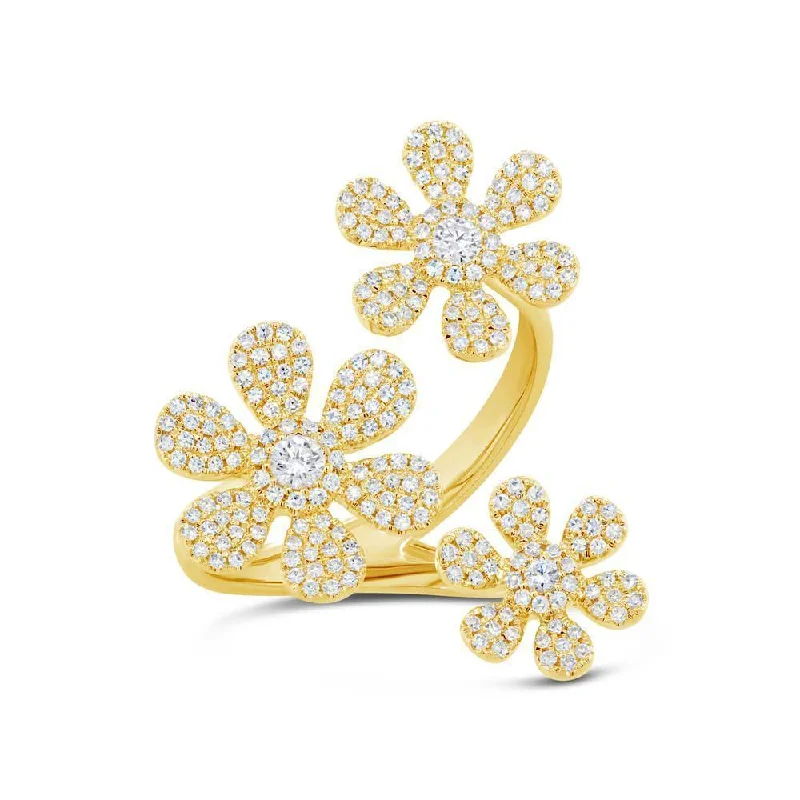 Engagement Ring and Band Sets-14K Yellow Gold Triple Floating Diamond Flower Ring