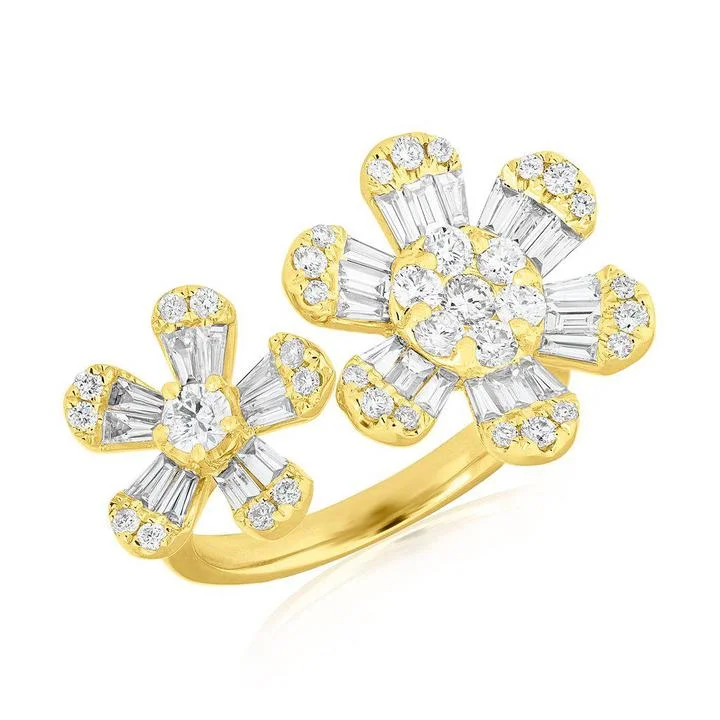 Women's Engagement Rings-14k Yellow Diamond Baguette Double Flower Ring