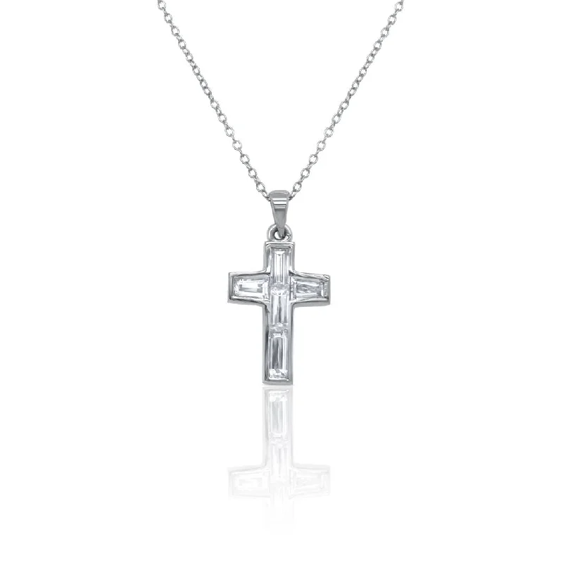 Adjustable Gold Necklaces-14K White Gold 1.28 CT Baguette Diamond Cross Necklace