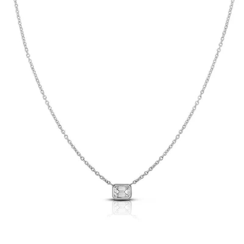 Bar Necklaces-18K White Gold Emerald-Cut Diamond Pendant Necklace