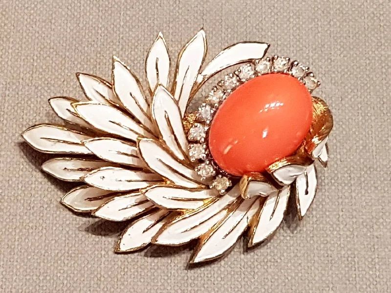 Wedding Brooch for Bridesmaids-Jomaz Flower Leaf Brooch Coral White Crystal Vintage