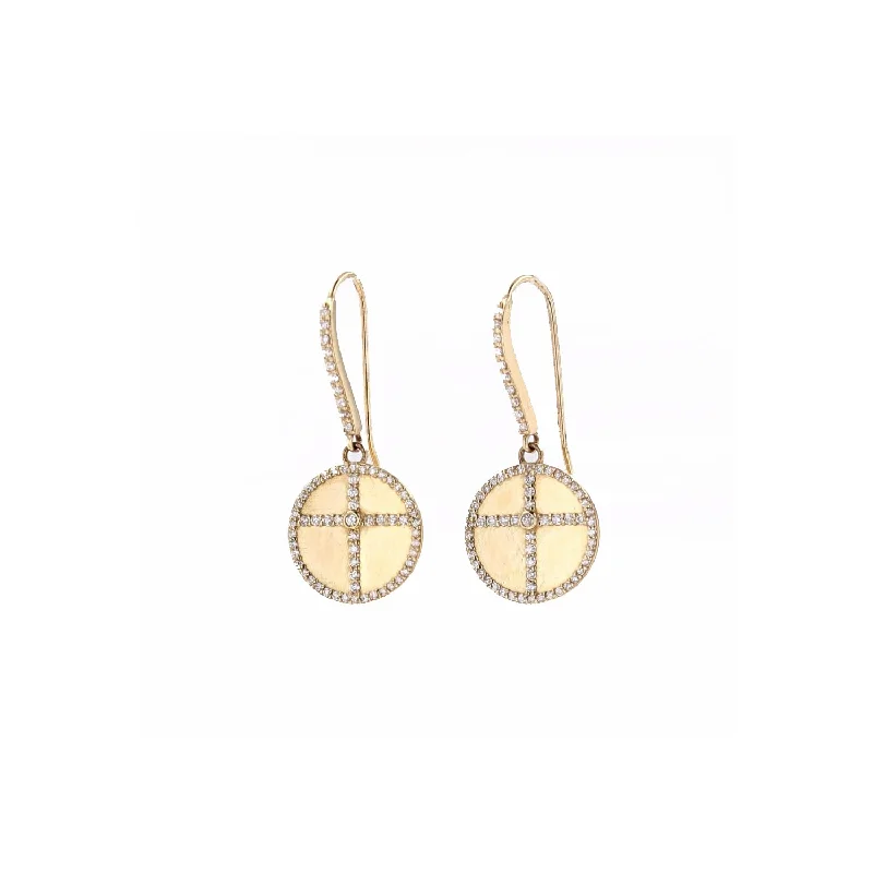 Clear Earrings-14K Gold Diamond Cross Coin French Hook Earrings  SEG00014