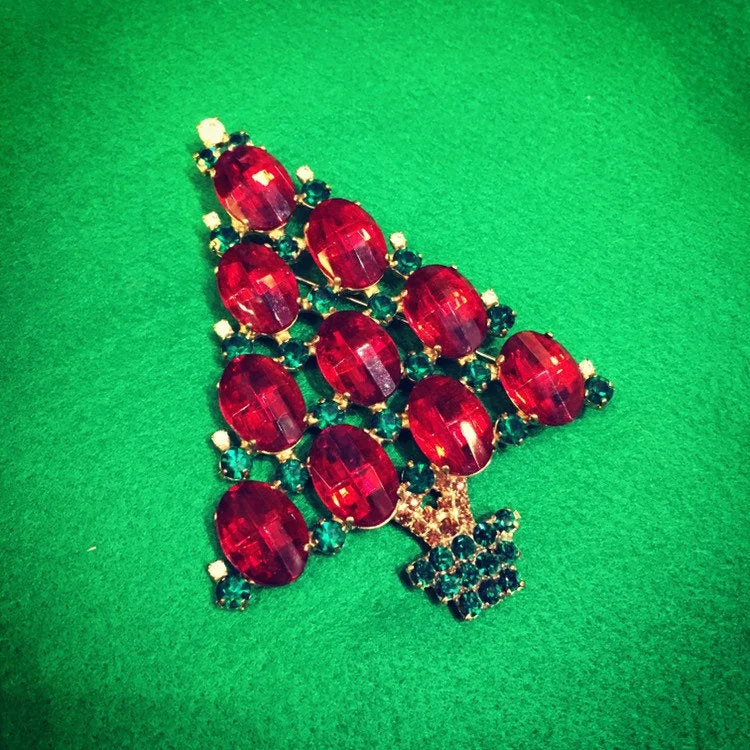 Gemstone Brooch with Gold-Large Christmas Tree Brooch Red Green Pin by Cristobal London