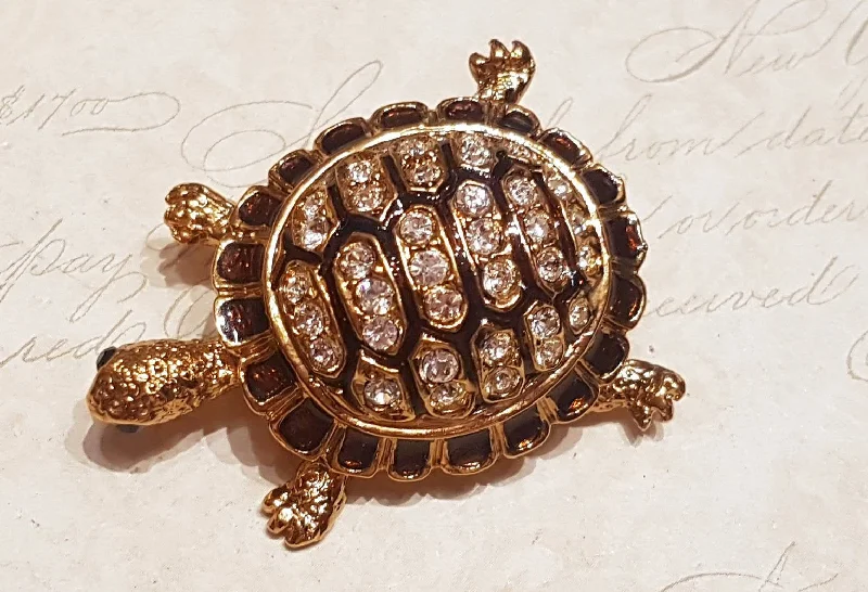 Brooch with Multicolor Stones-Turtle Brooch Gold Brown Enamel Glass Stones by Sardi