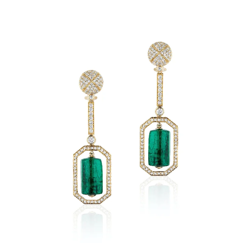 Designer Earrings-G-One Tumbled Emerald Diamond Drop Earrings