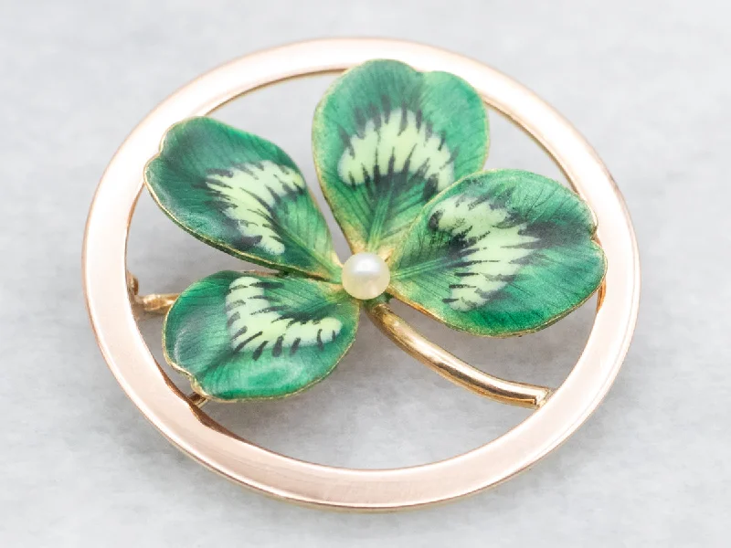 Vintage Heart Brooch-Enamel and Seed Pearl Four Leaf Clover Brooch