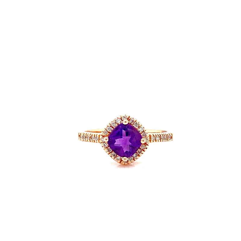 Oval Diamond Rings-14K Rose Gold Diamond Halo + Cushion Amethyst Ring