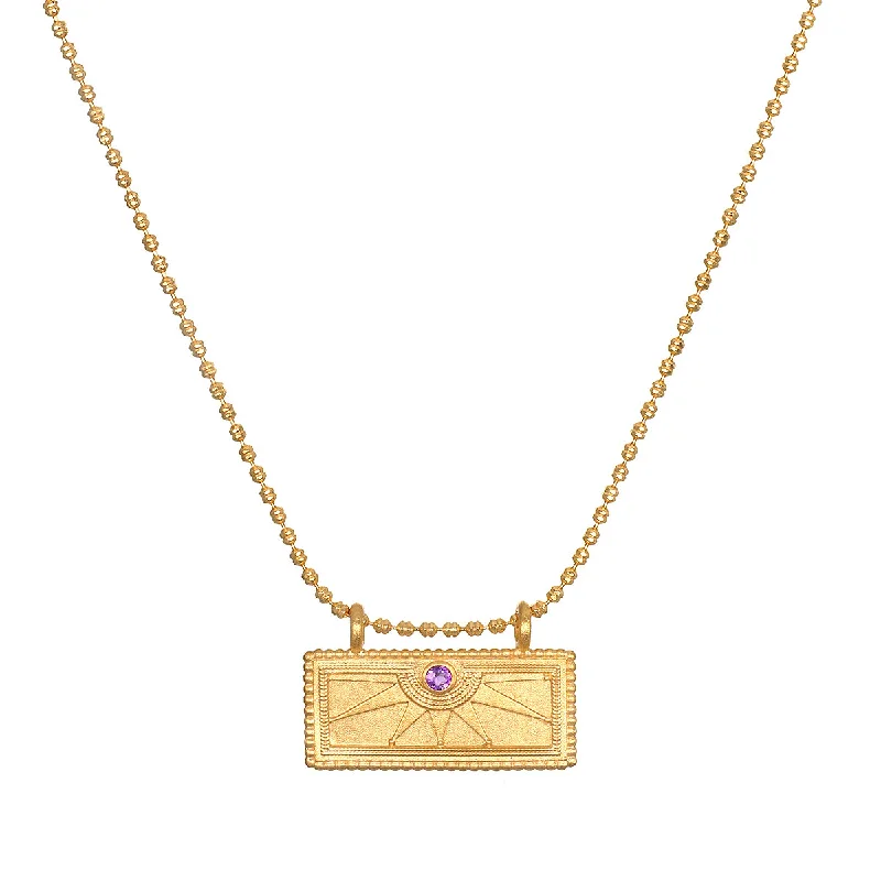 Gold Chain Necklaces-February Amethyst Sunburst Birthstone Tablet Necklace