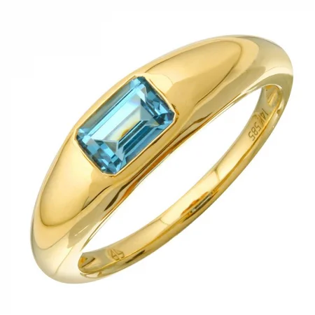 Custom Silver Rings-Yellow 14K Gold Inlay Emerald Shaped Blue Topaz Ring