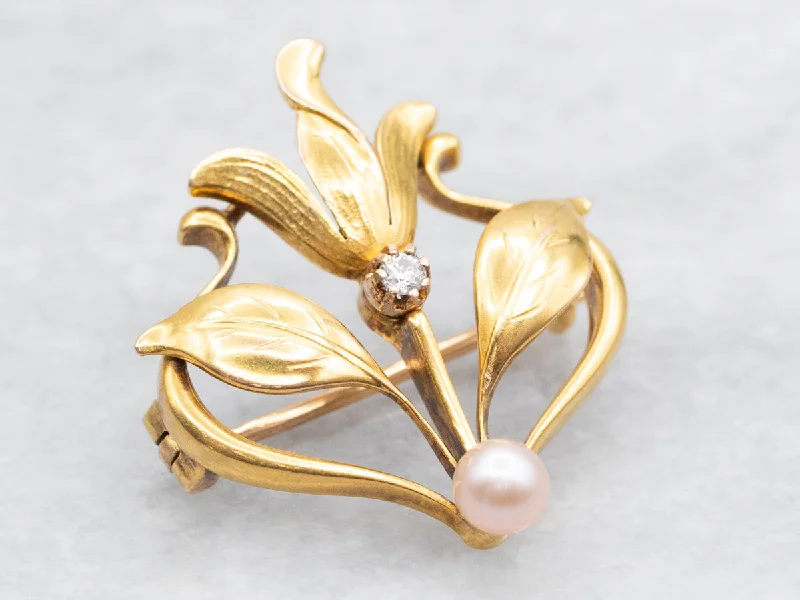 Gold Leaf Brooch for Winter-Vintage Botanical Diamond and Pearl Brooch