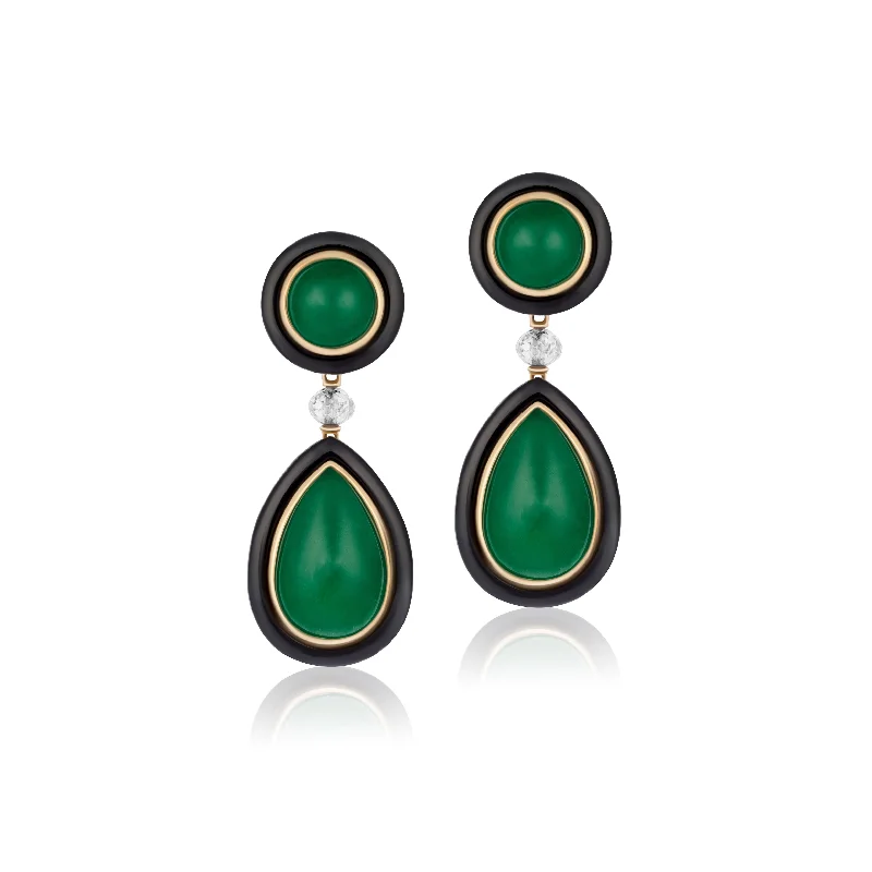 Chunky Earrings-Two-Stone Emerald Enamel Statement Drop Earrings