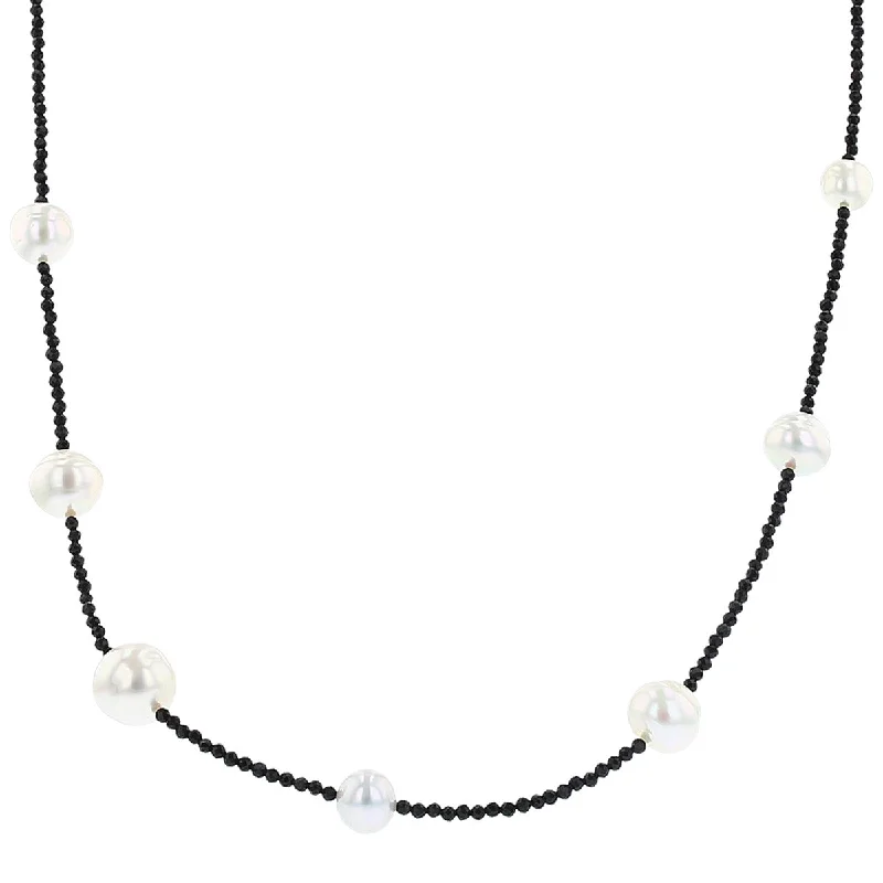 Beaded Necklaces-Black Spinel and White South Sea Pearl Necklace