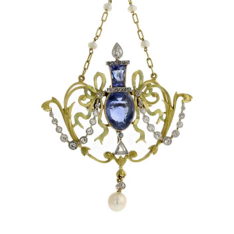 Geometric Pendant Necklaces-Art Nouveau Sapphire, Diamond and Pearl Necklace