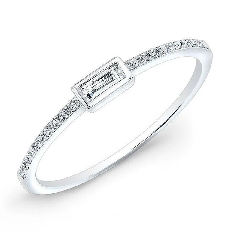 Blue Sapphire Engagement Rings-14K White Gold Baguette Diamond Stackable Ring