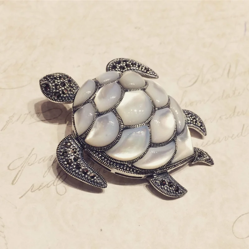 Gold Enamel Brooch-Mother of Pearl Turtle Brooch silver Marcasite