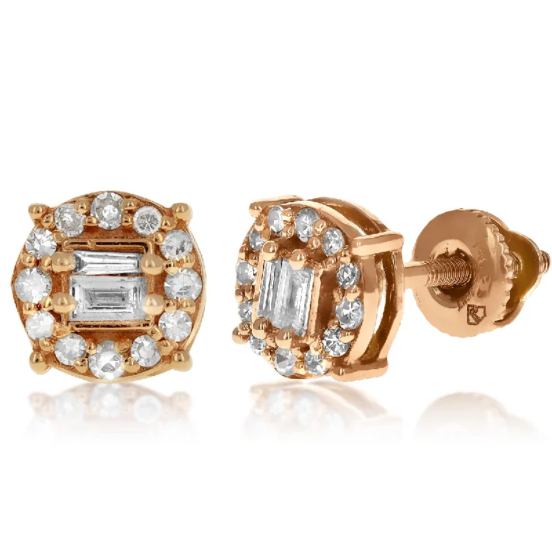 Gold Dangle Stud Earrings-Round & Baguette Diamond Earrings