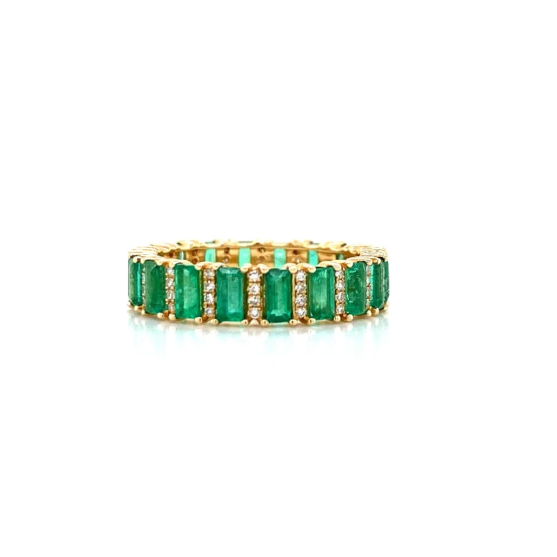 Rose Gold Wedding Bands-14K Yellow Gold Diamond + Emerald Eternity Ring