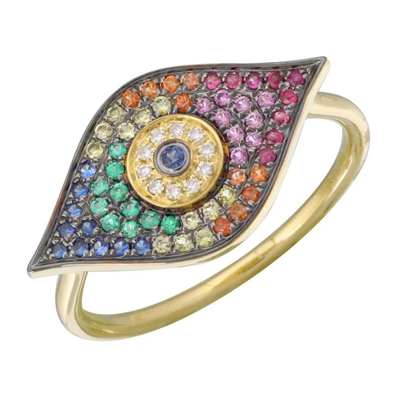 Silver Gemstone Rings-14K Yellow Gold Rainbow Evil Eye Ring