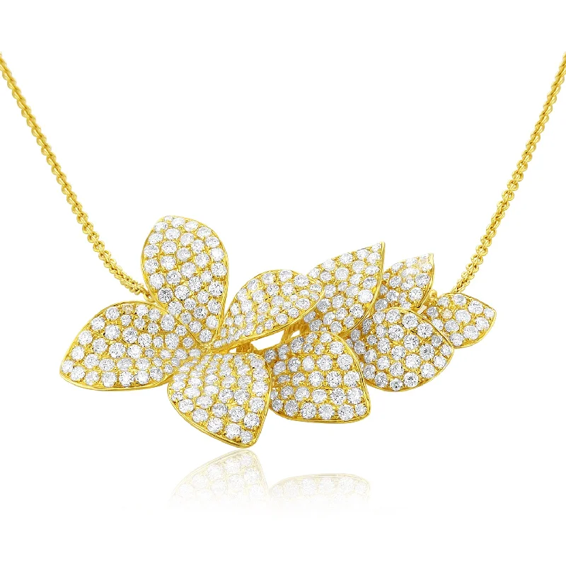 Luxury Pendant Necklaces-3.73 Carat Natural Diamond Pave Flower Necklace 16" in 18K Yellow Gold