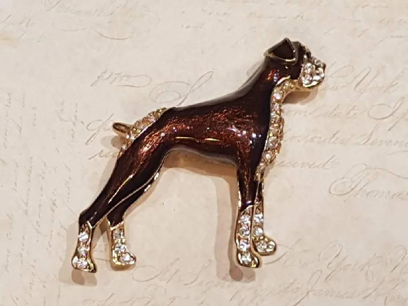 Round Brooch-Large Boxer Dog Brooch Brown Enamel Crystal By Sardi