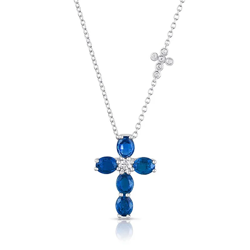 Gem Pendant Necklaces-18K White Gold Sapphire and Diamond Pendant Necklace