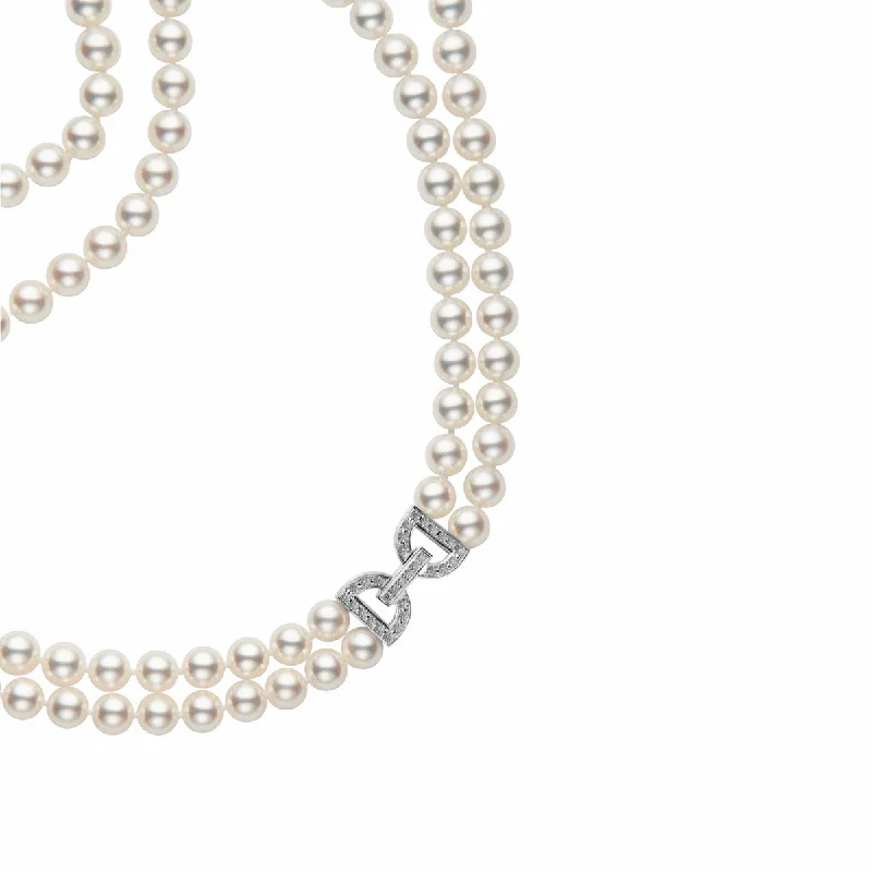 Crystal Statement Necklaces-Akoya Cultured Pearl Double Strand Necklace with Diamond Clasp