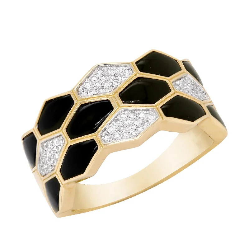 Simple Wedding Rings-YELLOW GOLD BLACK ONYX AND DIAMOND STATEMENT RING, .19 CT TW