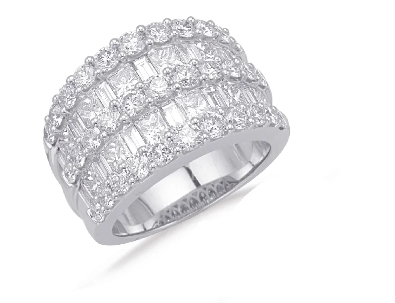 Fancy Diamond Rings-14K White Gold Baguette + Round and Princess Cut Triple Row Diamond Fashion Ring