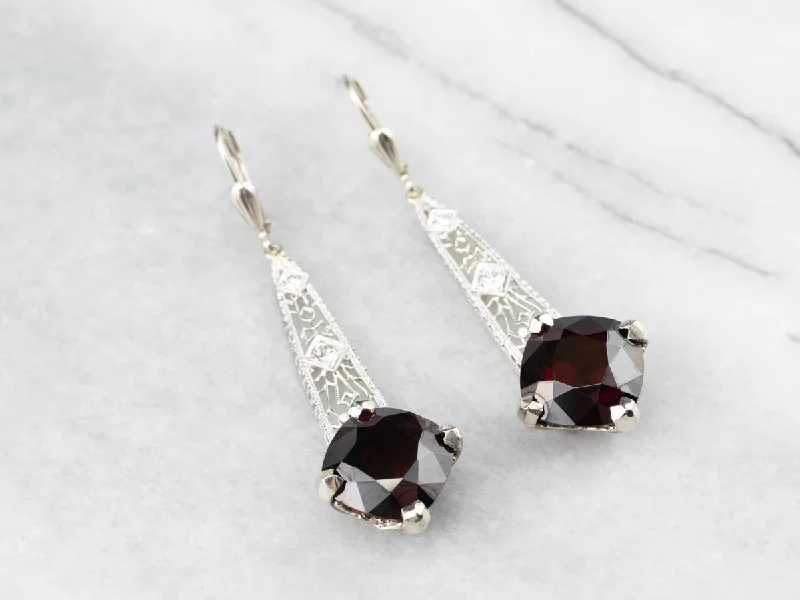 Geometric Drop Earrings-Pyrope Garnet and Diamond Filigree Drop Earrings