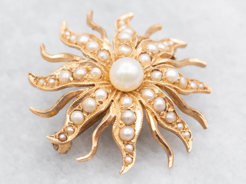 Silver Gold Wedding Brooch-Victorian Era Seed Pearl Sunburst Brooch