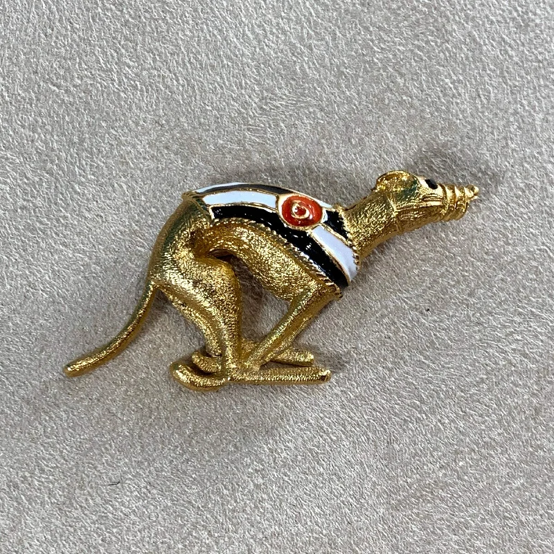 Brooch with Swarovski Crystals-Greyhound BroochEnamel Black and white Number 6 gold plated by Sardi