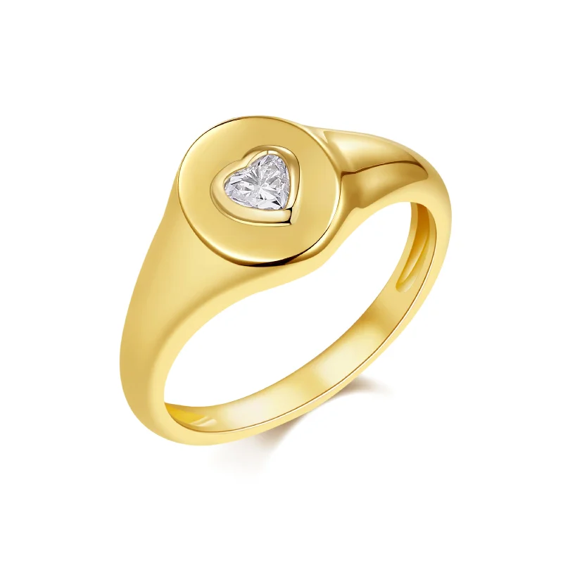 Yellow Sapphire Rings-14K Yellow Gold Heart Diamond Oval Signet Ring