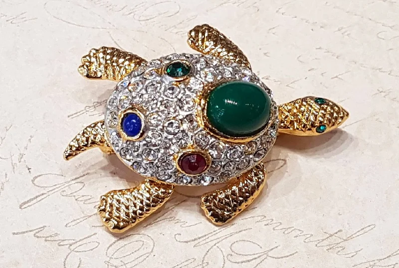 Brooch with Colored Stones-Sphinx Turtle Brooch Vintage Gold Glass Stone