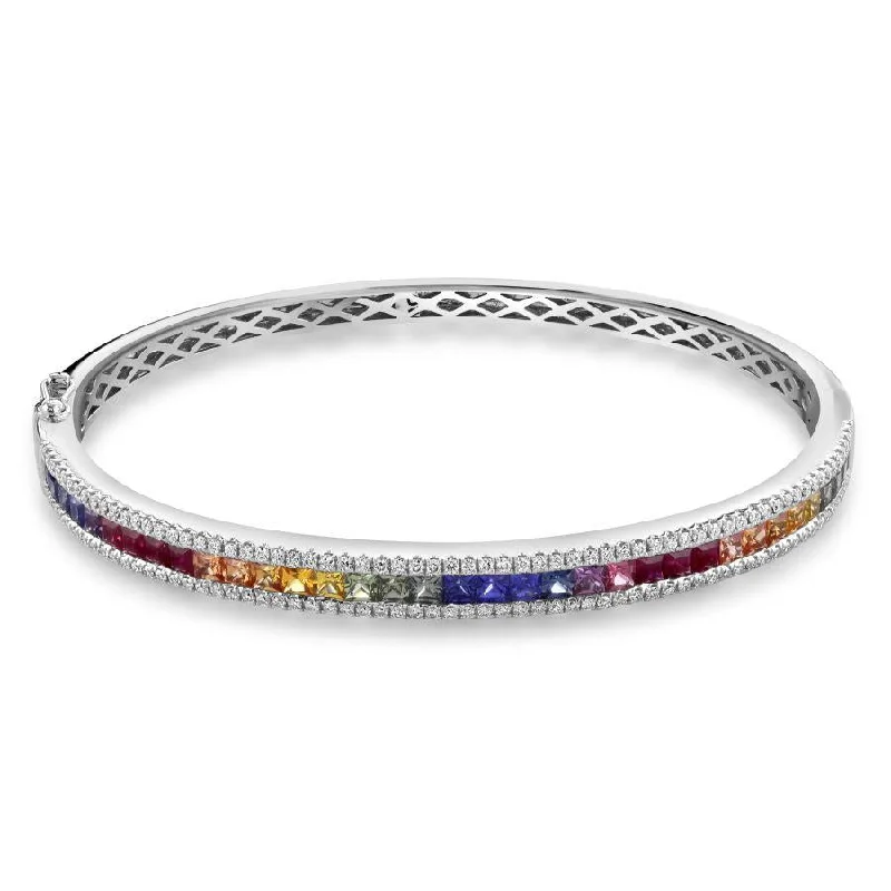 Oval Bangles-18ct White Gold Rainbow Sapphire & Diamond 3-Row Bangle