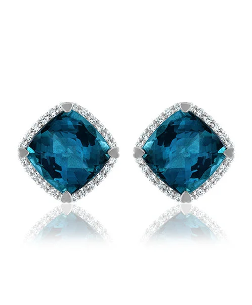 Gemstone Hoop Earrings-London Blue Topaz Cushion Shaped Stud Earrings with Diamonds 290-JSA