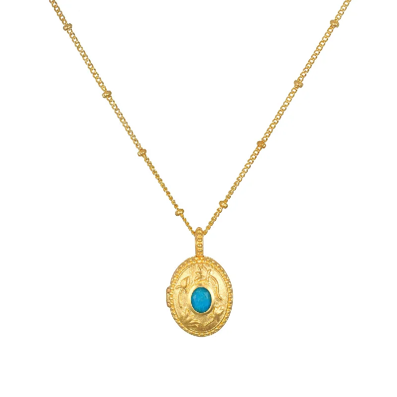 Gold Toggle Necklaces-Lotus Turquoise Birthstone Locket Necklace - December