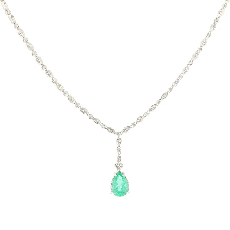 Long Pendant Necklaces-18K White Gold Emerald and Diamond Necklace